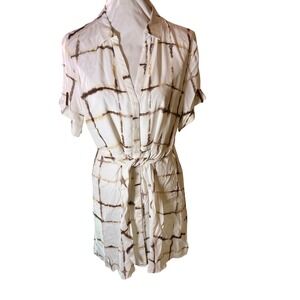 NWT $260 Ecru Melt Tie Waist‎ Shirt Dress Womens L Brown Beige Grid Print Casual
